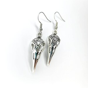 Antique Silver Raven Bird Skull Earrings - Hypo-allergenic Filigree Pattern Ornate Carved Curved Skeleton Crow