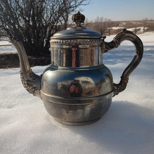 May include: A silver-toned metal teapot featuring an ornate, curved handle and a matching decorative spout. The teapot has a rounded body with a horizontal band detail and a lid topped with a small, intricate finial. The surface is reflective.