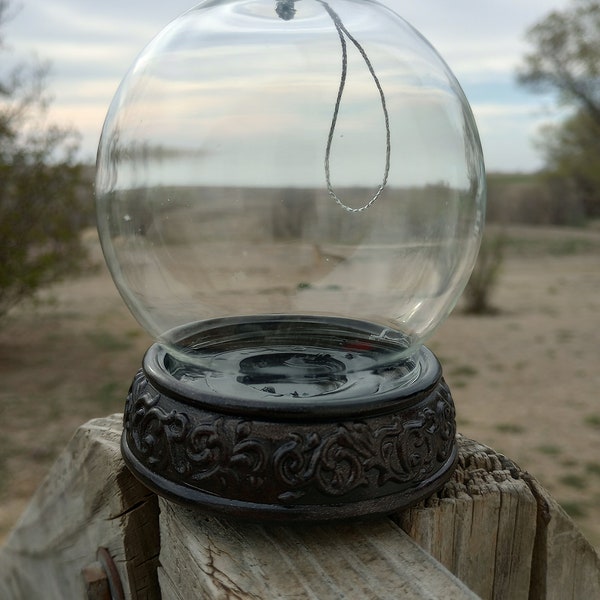 DeathTaxUSA • Upcycled Glass Dry Metallic Black Snow Globe Orb Hanging Ornament | Display Home Decor Storage Terrarium | Taxidermy Specimen