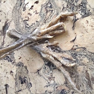 May include: A pair of dried bird feet, tan and gray in color, are crossed over each other. The feet have visible claws and are positioned against a textured, light brown background.