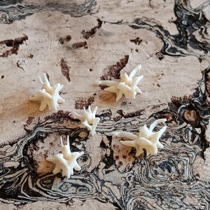 May include: Five small, off-white, bone-like objects with intricate, spiky structures are arranged on a textured, light brown surface with dark, swirling patterns. The objects appear to be decorative or artistic.