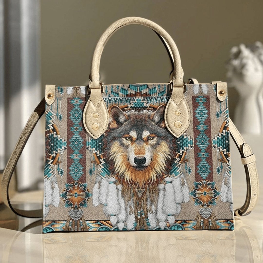 Native Wolf Leather Bag, Wolf Handbag, Custom Leather Bag, Woman