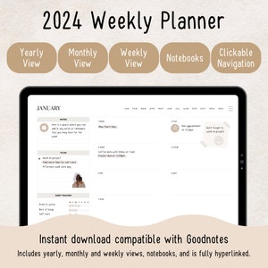 Minimalistyczny cyfrowy planer na iPada na rok 2024 | Goodnotes, Notability | Tygodniowy planer | Estetyczny cyfrowy planer That Girl | Hiperlinkowany plik PDF