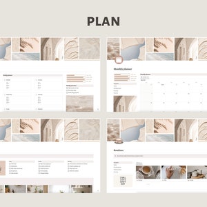 May include: A digital planner with a beige and brown color scheme. The planner includes sections for weekly and monthly planning, cleaning schedules, and routines. The planner has a collage of images in the background, including a beach scene, a building with an archway, and a cup of coffee.