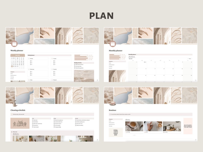 May include: A digital planner with a beige and brown color scheme. The planner includes sections for weekly and monthly planning, cleaning schedules, and routines. The planner has a collage of images in the background, including a beach scene, a building with an archway, and a cup of coffee.