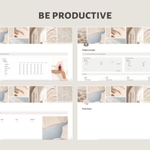 May include: A collage of images with a beige and blue color scheme. The images include a woman meditating, a calendar, a woman taking a selfie, a budget manager, a task list, and a brain dump.