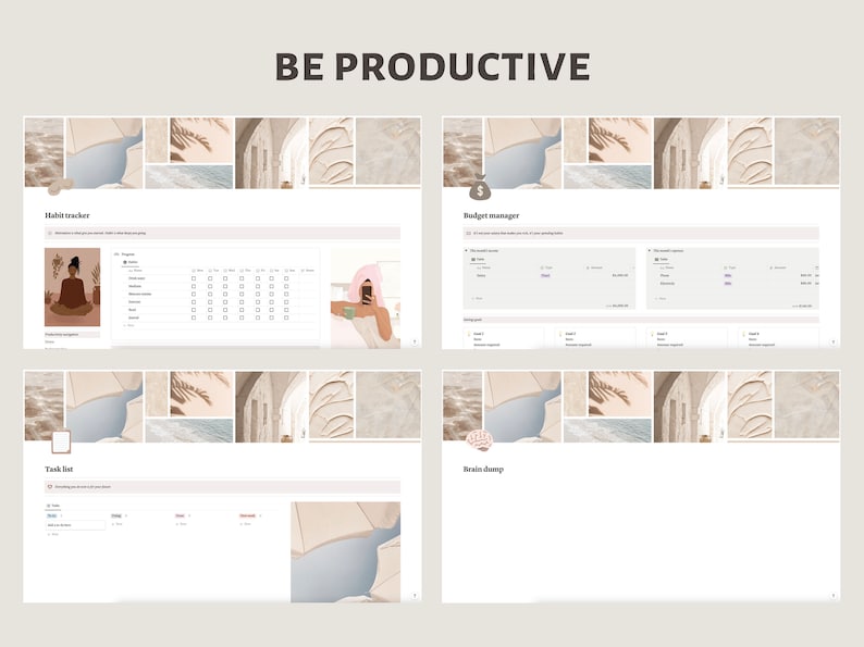 May include: A collage of images with a beige and blue color scheme. The images include a woman meditating, a calendar, a woman taking a selfie, a budget manager, a task list, and a brain dump.