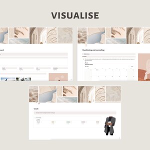 May include: A digital planner with a collage of images in neutral tones. The planner includes sections for "Dream life vision board", "Goals", and "Manifesting and journaling".