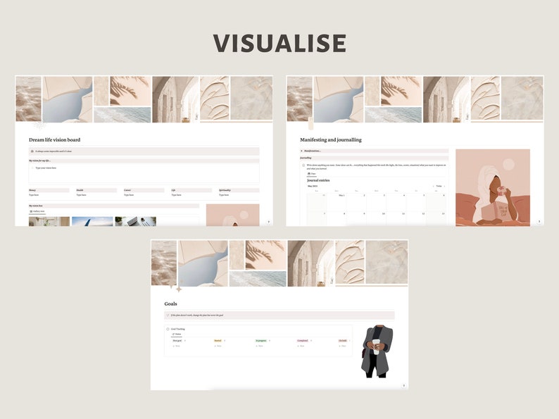 May include: A digital planner with a collage of images in neutral tones. The planner includes sections for "Dream life vision board", "Goals", and "Manifesting and journaling".