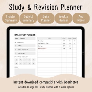 Può includere: Un planner di studio digitale con una pagina di planner di studio giornaliero. La pagina include sezioni per le priorità principali, la lista di controllo dei tempi di pausa, le note, il compito, l'inizio, la fine e il fatto. La data è il 14 aprile 2021. Il planner è compatibile con Goodnotes e include 10 pagine con 5 opzioni di colore.
