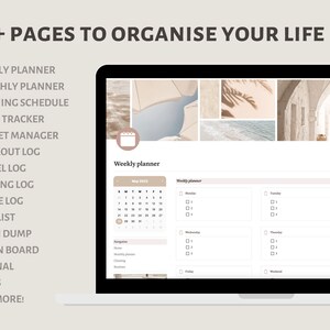 May include: A laptop computer screen displaying a digital planner with a calendar, weekly planner, and a list of features including a habit tracker, budget manager, workout log, and more. The screen is surrounded by a collage of beige and white images.