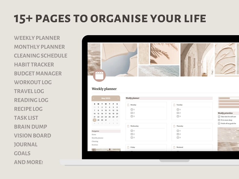 May include: A laptop computer screen displaying a digital planner with a calendar, weekly planner, and a list of features including a habit tracker, budget manager, workout log, and more. The screen is surrounded by a collage of beige and white images.