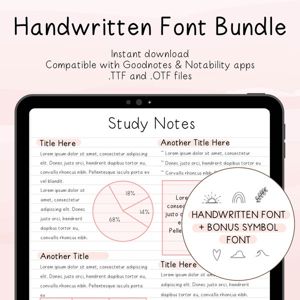 Ordentliche handgeschriebene Schrift für digitalen Planer und Studentennotizen | Niedliche und Ordentliche Handschrift Schriftart | Goodnotes iPad | Symbol Schriften Bundle