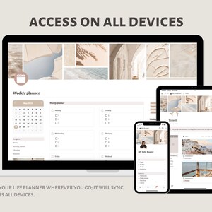 May include: A screenshot showing a life planner app on a laptop, tablet, and smartphone. The app has a weekly planner, a calendar, and a life board. The app is designed to help users organize their lives and track their progress.