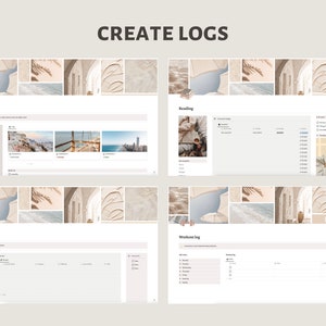 May include: A screenshot of a computer screen showing a digital planner with different sections for travel, reading, recipes, and workout logs. The planner has a light beige background with a collage of images in the header.