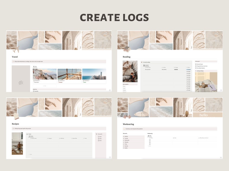 May include: A screenshot of a computer screen showing a digital planner with different sections for travel, reading, recipes, and workout logs. The planner has a light beige background with a collage of images in the header.
