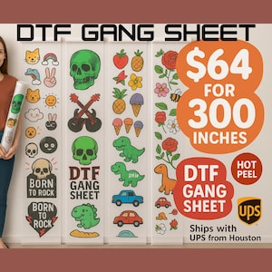 DTF Gang Sheet Bulk Sale, Wholesale DTF Hot Instant Peelwith Vibrant Colors, Fast Production, UPS Ground Shipping