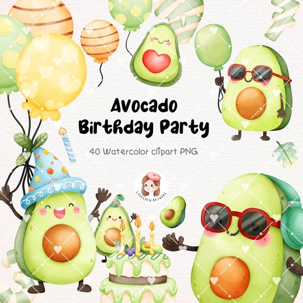 Avocado Birthday Party, cute kawaii pastel watercolor clipart png, commercial use, 300 dpi digital file