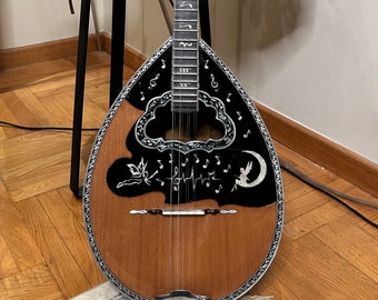 Custom Handmade 8-String Bouzouki | Greek Rebetiko Instrument with White Pearl Cellulose | Fairies Playing with Music Note Decorations