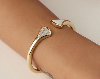 Gemstoned 14K Gold Cuff Bangle, Handmade Luxury Bracelet