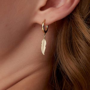 Dangle Leaf Earring, 14K Solid Gold Earrings, Minimalist Earrings, Charm Earrings, Gift For Birthday, Gift For Her, Gold Hoop Earrings