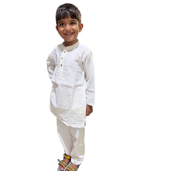 New Designer Baby Boy's kurta Pajama Set with White Kantha Kurta & White Pajama Round Shape Neck Collar Full Sleeves