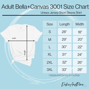 May include: Size chart for Bella + Canvas 3001 unisex jersey short sleeve shirts. The chart shows sizes S through 3XL with corresponding length and width measurements in inches.