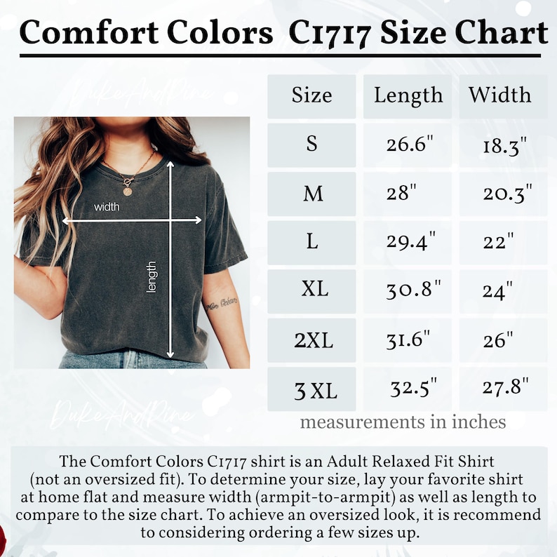 May include: Size chart for Comfort Colors C1717 shirts. Measurements in inches are provided for sizes S through 3XL. The chart includes length and width dimensions for each size. The image also shows a person wearing the shirt.