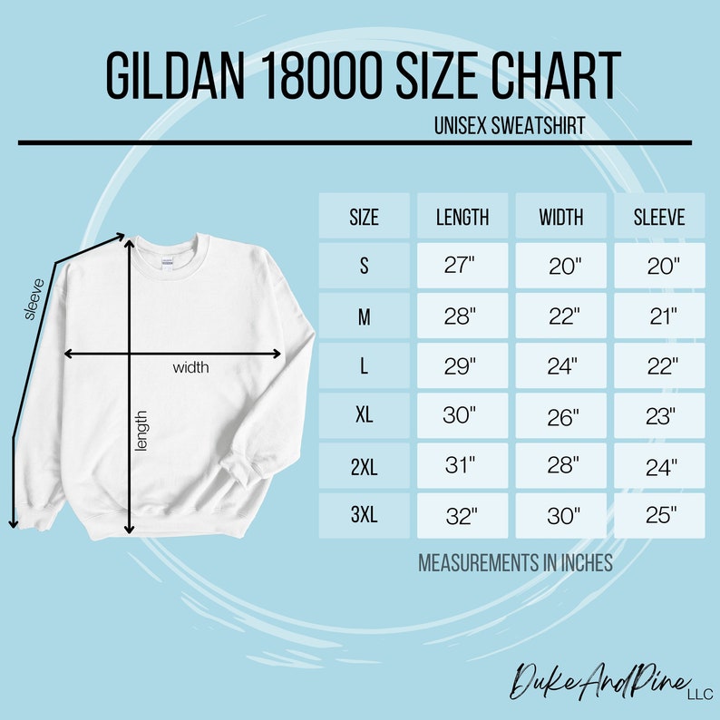 May include: White Gildan 18000 unisex sweatshirt size chart. Measurements in inches are provided for length, width, and sleeve. Sizes range from S to 3XL, with lengths from 27" to 32", widths from 20" to 30", and sleeves from 20" to 25".