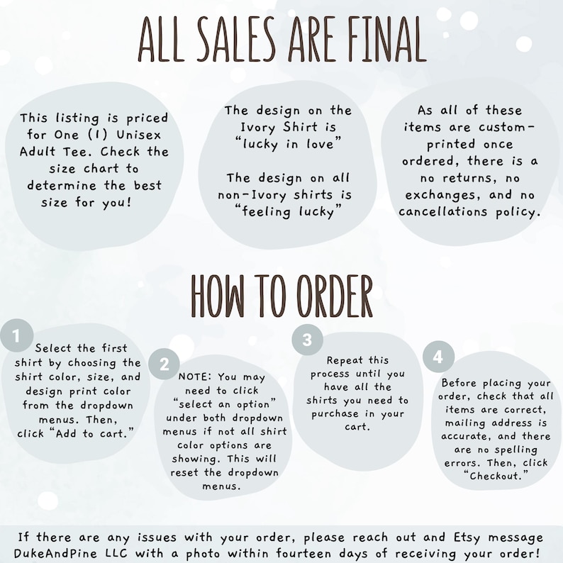 May include: An informational graphic with the text "ALL SALES ARE FINAL" and instructions on how to order a unisex adult tee. The design on the ivory shirt is "lucky in love," and on non-ivory shirts, it's "feeling lucky."