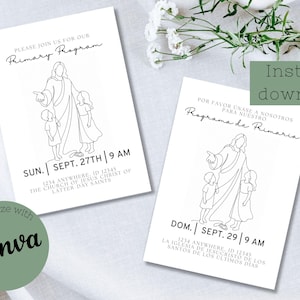 May include: Two white rectangular invitation cards featuring a black line art illustration of a figure with two children. The text reads Please Join Us For Our Primary Program, Sun. Sept. 27th 9 AM, 1234 Anywhere, ID 12345, The Church of Jesus Christ of Latter Day Saints.