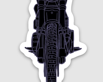 Op de afbeelding: Zwart-witte sticker met een motorfietsillustratie. De motorfiets wordt van voren gezien, met details zoals de koplamp, het stuur en het profiel van de banden zichtbaar. De tekst "MOTOHOLIC ONLY MOTO CO." staat onderaan.