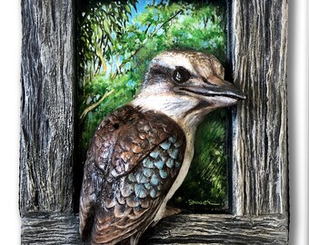 Handmodellierte/gemalte 3D (Life Size) KOOKABURRA auf Rahmen von Qld Artist Keith Sommer