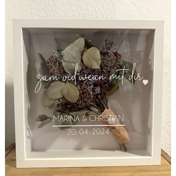 Cadre photo bouquet de mariée 3D texte sélectionnable, personnalisé, idée cadeau, cadeau de mariage, mariage civil, 27 x 27 cm