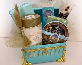 Ramadán Mubarak Iftar Eid Bayram Juego de regalo Caja de cofre Decoración islámica oriental Musulmán Turquesa Oro Nueces Frutos secos Café Lokum NUEVO