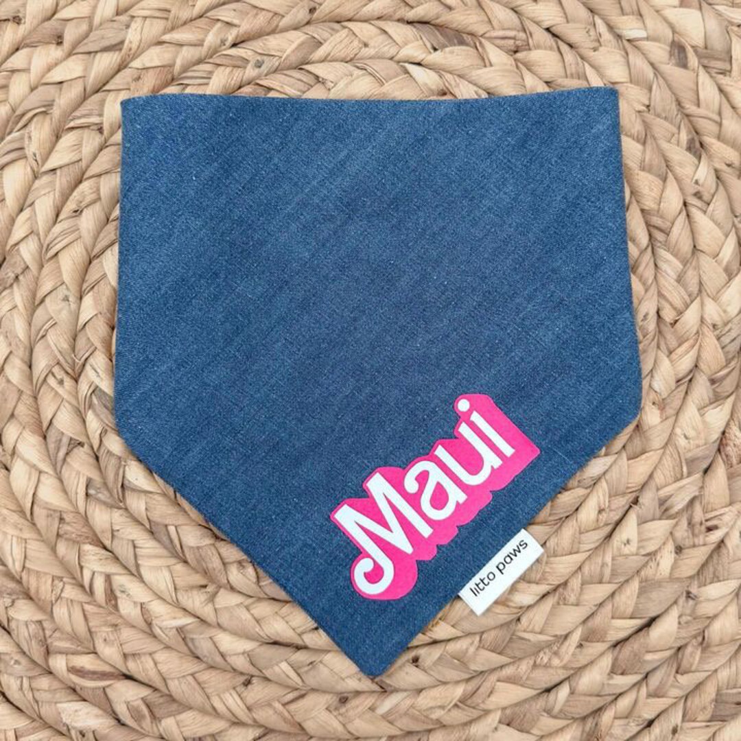 Personalized Denim Bandana Pink Custom Font Bandana Tie and Snap Barb