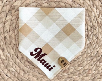 Personalized Fall Dog Bandana - Light Brown Plaid Pet Bandana - Tie and Snap - Cat Bandana - Custom Name Bandana - Pet Gift - Custom Bandana