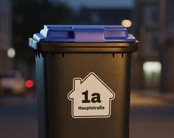 Gepersonaliseerde afvalbakstickers met huisnummer en straatnaam – weerbestendig, duurzaam, voor eenvoudige identificatie van de afvalbak.
