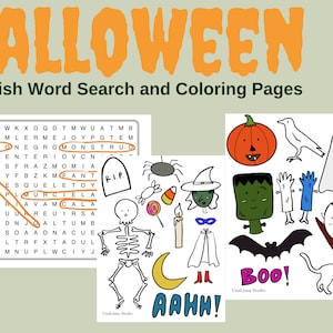 Halloween Spanish Word Search Workbook and Coloring Pages for Kids and Adults, Learn Spanish, Instant Download, Spanish Lesson Worksheets