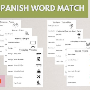 Coincidencia de palabras en español, Libro de trabajo de introducción al español, Actividad en español, Aprender español, Actividad imprimible para la clase, Descarga instantánea, Lección de español
