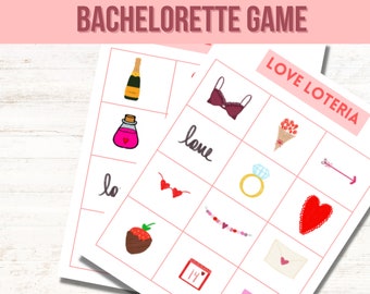 May include: A printable bachelorette party game called "Love Loteria" with images of a champagne bottle, a love potion, a pair of hearts, a strawberry dipped in chocolate, the number 14, a bra, a bouquet of flowers, a diamond ring, an arrow, a red heart, a string of beads, and an envelope with a heart.