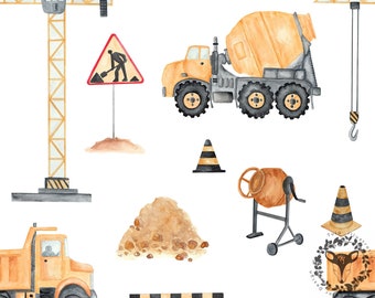 Construction Cars Watercolor Seamless Pattern, Kids Fabric Design (Digital Download)