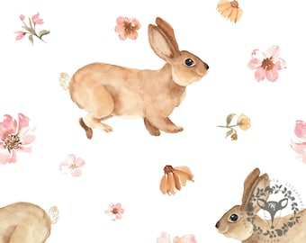 Watercolor Bunnies Fabric Design, Floral Seamless Pattern (Digital Download)