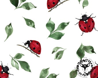 Ladybugs Watercolor Fabric, Flower Seamless Pattern (Digital Download)