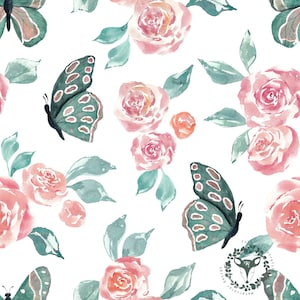 May include: A seamless pattern featuring watercolour illustrations of pink roses and green leaves with butterflies. The butterflies have green and brown wings with white spots.