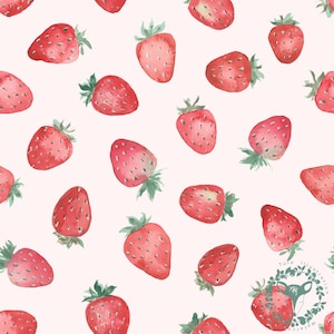 Könnte beinhalten: Ein nahtloses Muster mit Aquarell-Illustrationen von roten Erdbeeren auf einem hellrosa Hintergrund.