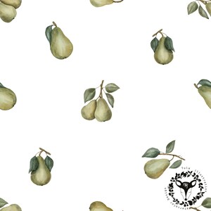 May include: A seamless pattern featuring watercolor illustrations of green pears with leaves on a white background. The pattern is perfect for fabric, wallpaper, or wrapping paper.