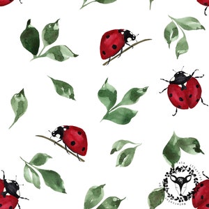 May include: A seamless pattern featuring red ladybugs with black spots on green leaves. The ladybugs are drawn in a watercolor style and are scattered throughout the pattern.