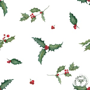 Christmas holly berry digital paper, Holly clipart pattern fabric, Christmas digital Seamless Pattern for Commercial Use, Watercolor art