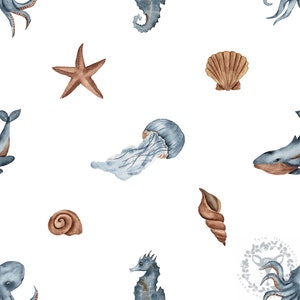 Whale Ocean Seamless Pattern, Sea life Fabric design, Digital Download, Commercial Licence, Non-Exclusive, seashell watercolour,kids pattern
